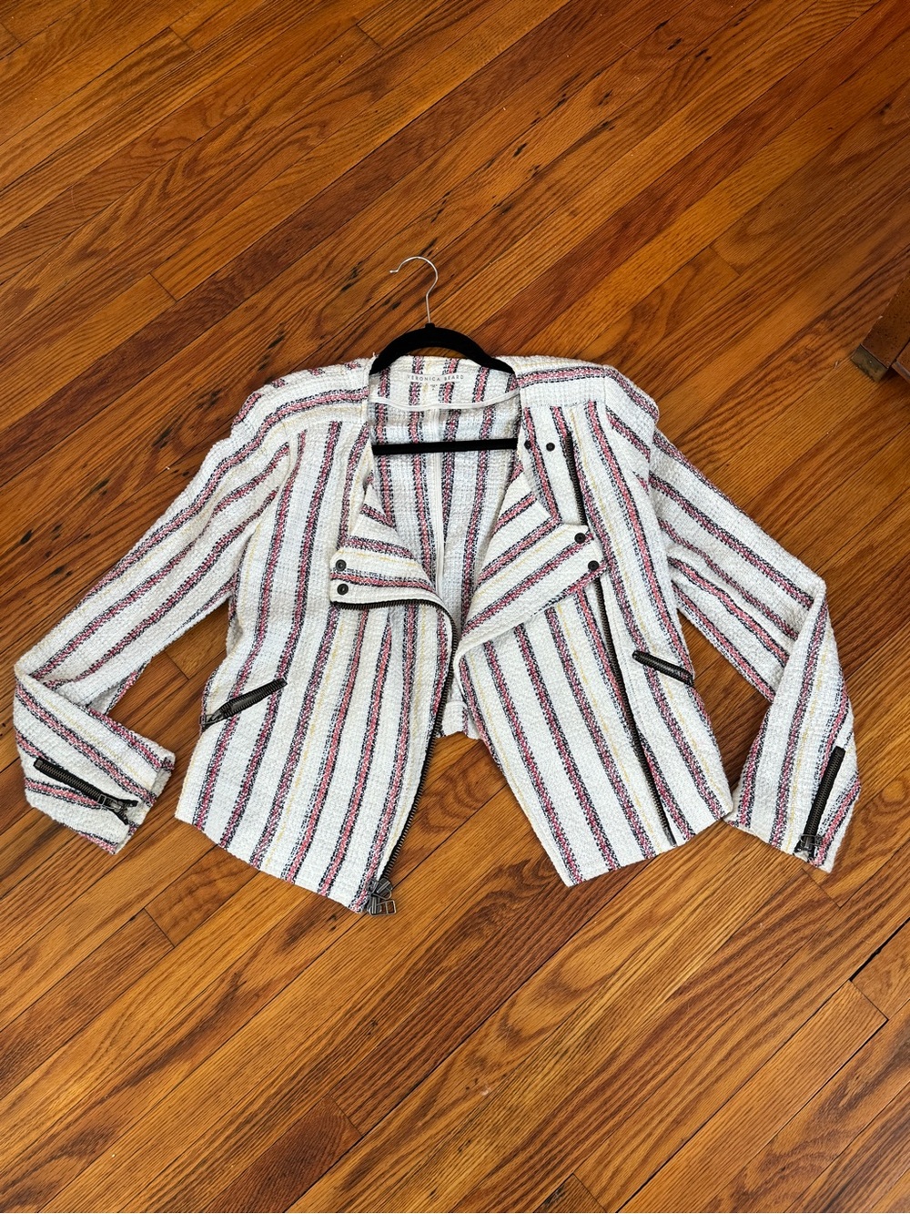 Veronica Beard Bouclé Moto Blazer Jacket Size 6 White Stripe Tweed